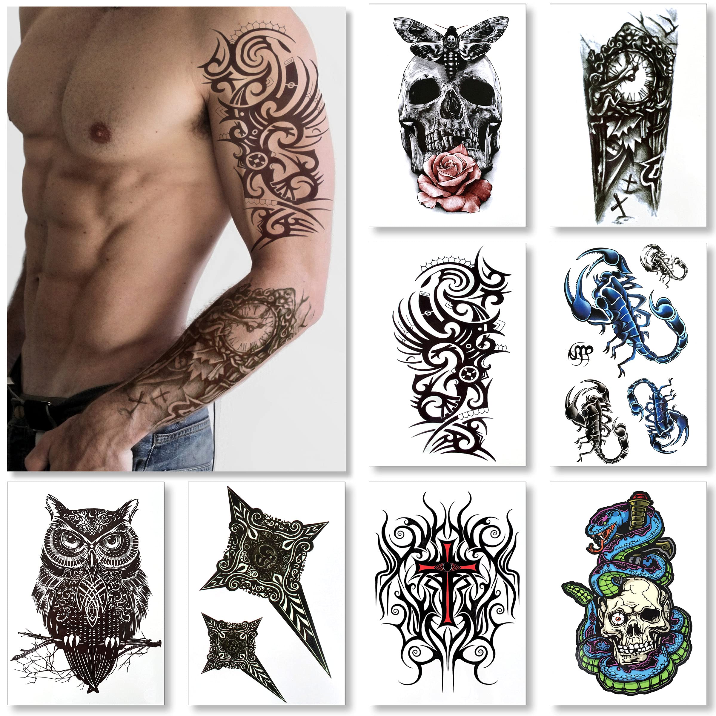 8 Sheets Temporary Transfer Tattoos Transfers For Guys Men Boys & Teens - Fake Stickers For Arms Shoulders Chest Back Legs Tribal Scorpion Skull Rose Owl Tattoo For Halloween - Realistic Waterproof
