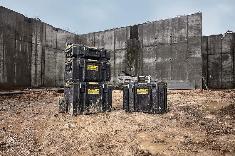 DWST83402-1, TOUGHSYSTEM 2.0 3em1 Oficina Modular, Robusto, 2 armários de pequena e média capacidade e 1 armário móvel de grande capacidade, IP65. Preto e amarelo