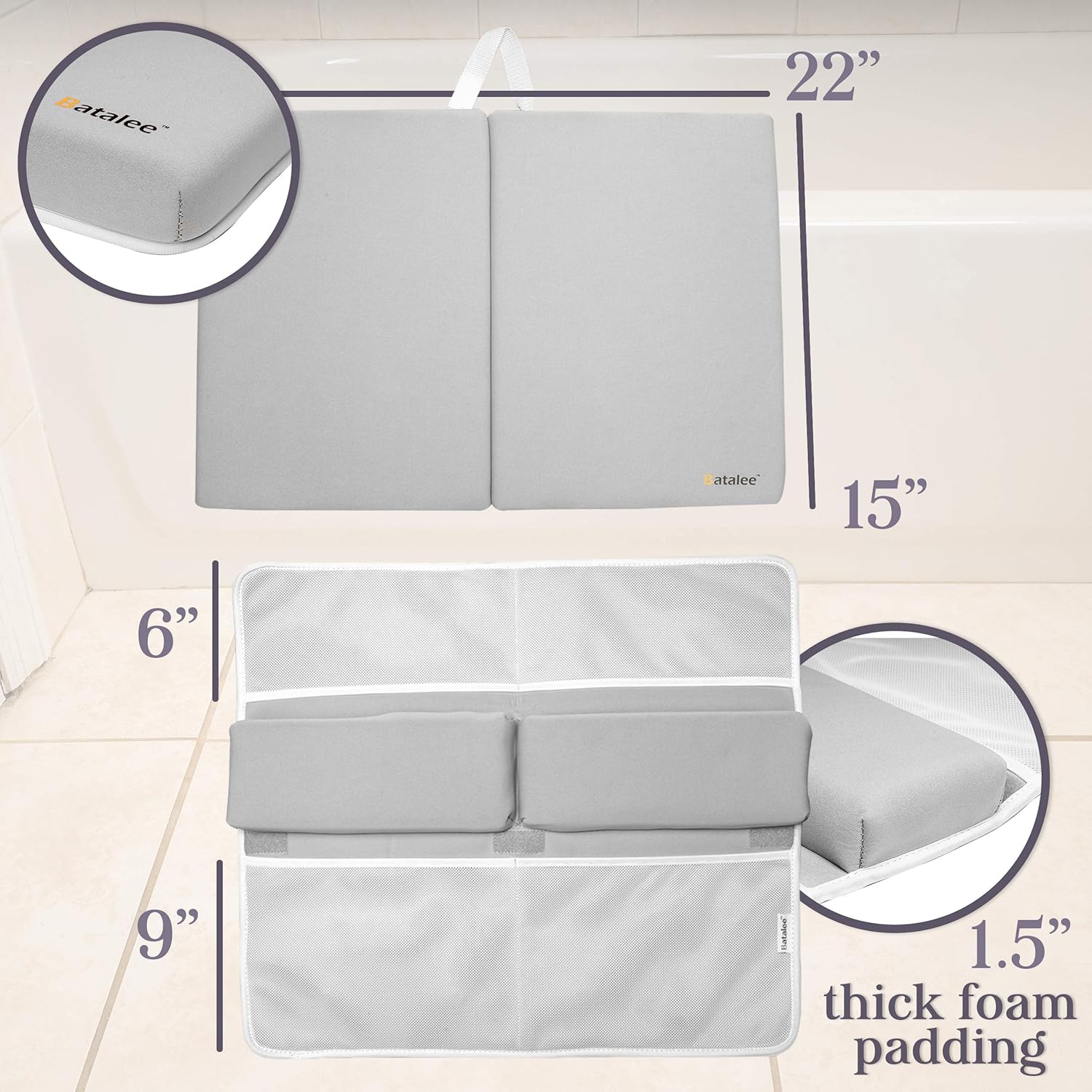 Bath Kneeler and Elbow Rest Pad - Batalee Set for Tub Bathing Large Padded Kneeler Mat for Extra Comfort 4 Extra Large Mesh Pockets Bathtub Toys Shampoo Soap Bottles Organized Baby Shower Newborn Gift : Baby