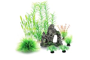 JIHAQUA Auarium Ornaments Fish Tank Decorations Plants with Resin Cave Rock View, 6pcs Decorations Plants Plastic,Fish Tank Accessories (Green)
