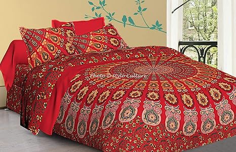 Amazon Com Stylo Culture Cotton Ethnic Mandala Duvet Cover Set With Pillow Covers Double Queen 80x86 Red Yellow Boho Peacock Feather Floral Patterned Printed Home Decor For Adults Kids Quilt Comforter Cover Home
