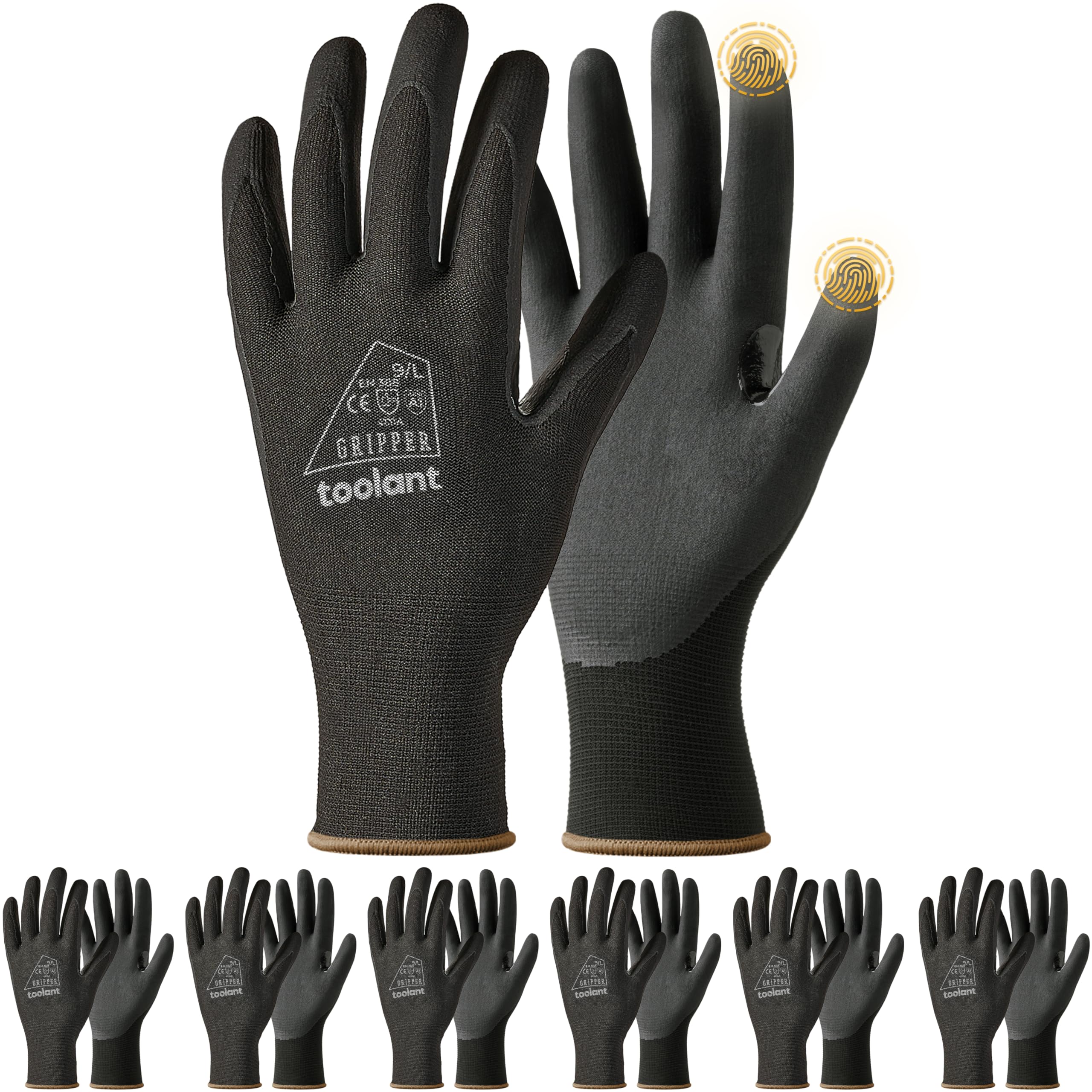 toolant Nitril-Arbeitshandschuhe mit MicroFoam-Beschichtung, atmungsaktives Nylon, rutschfester Griff, touchscreenfähig, ideal für Garten, Lager & Automobil, Schwarz (L, 6 Paar)