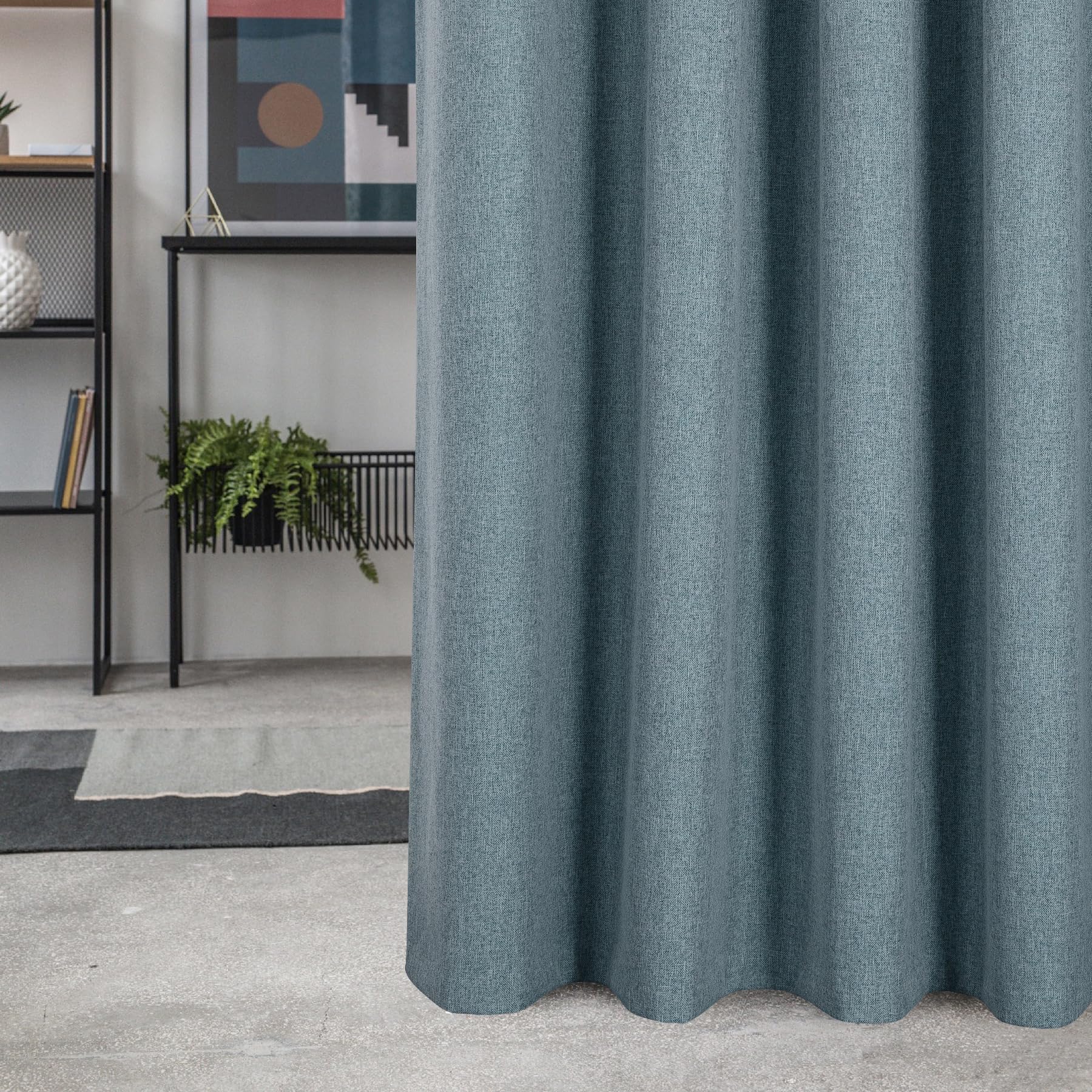 always4u 100% Blackout Curtains for Bedroom Thermal Linen Look Window Drapes For Home Decoration Eyelet Blue Curtain Without Linings for Living room Pair of W46*L72