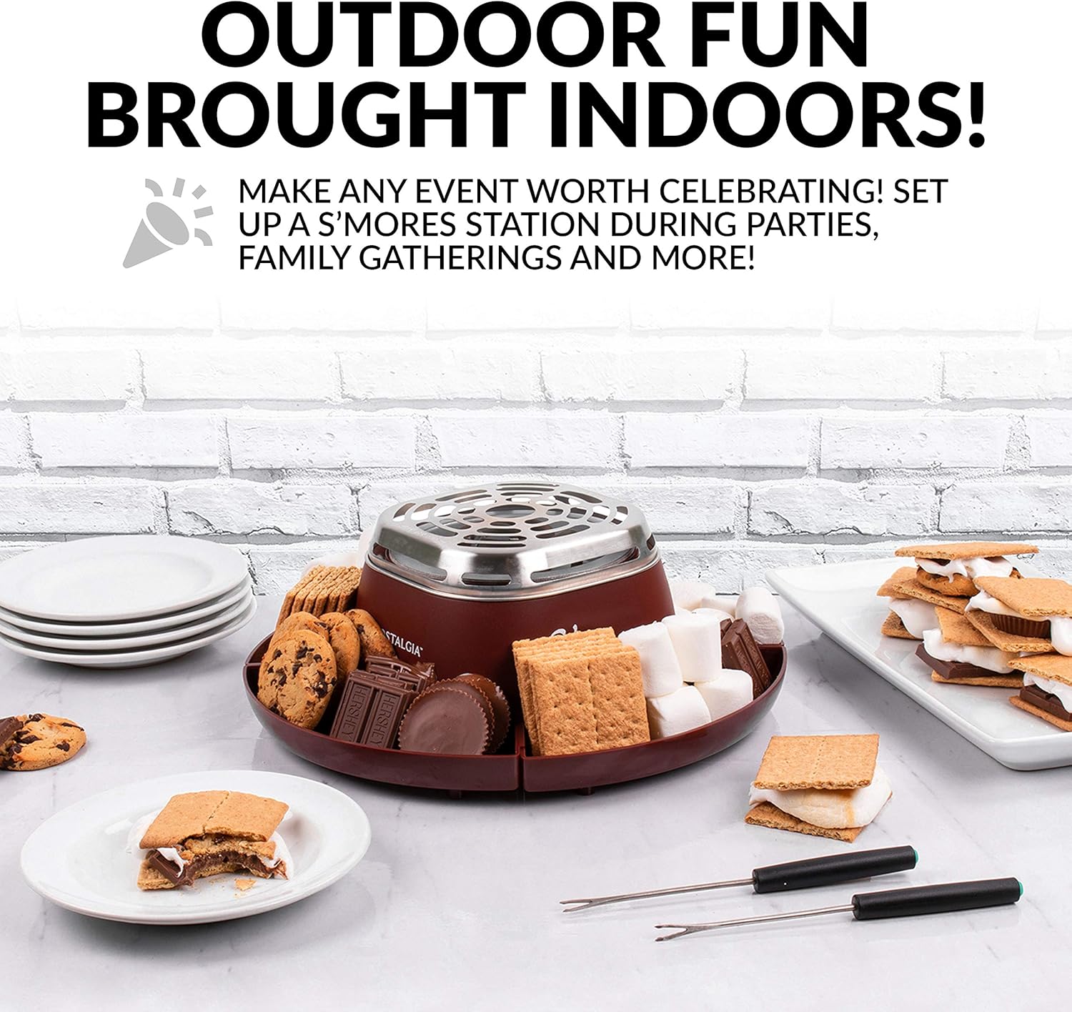 Nostalgia Indoor Electric Stainless Steel S'mores Maker with 4 Compartment Trays for Graham Crackers, Chocolate, Marshmallows and 2 Roasting Forks, Brown: Kitchen & Dining