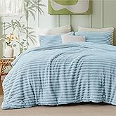 Bedsure Queen Comforter Set - GentleSoft™ 3 Pieces Fluffy Double-Side Fleece Comforter Set, Cozy Striped Room Decor Aesthetic, Luxury Light Blue Bedding Queen Size with 2 Pillowcases, 90x90 Inches