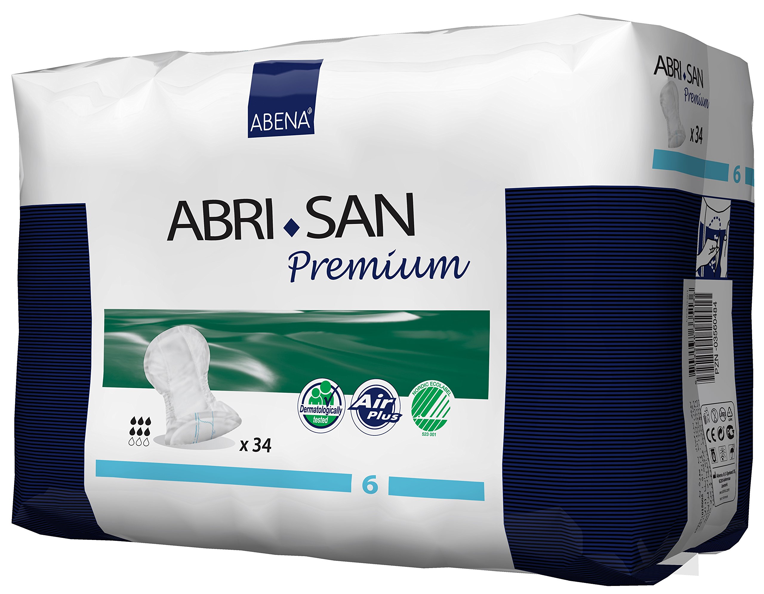 Abena Abri-San Premium Mens & Womens Incontinence Pads, Breathable & Comfortable, Fast Absorption, Discreet & Effective Shaped Incontinence Pads for Men/Women - Premium 6, 1600ml Absorbency, 34PK