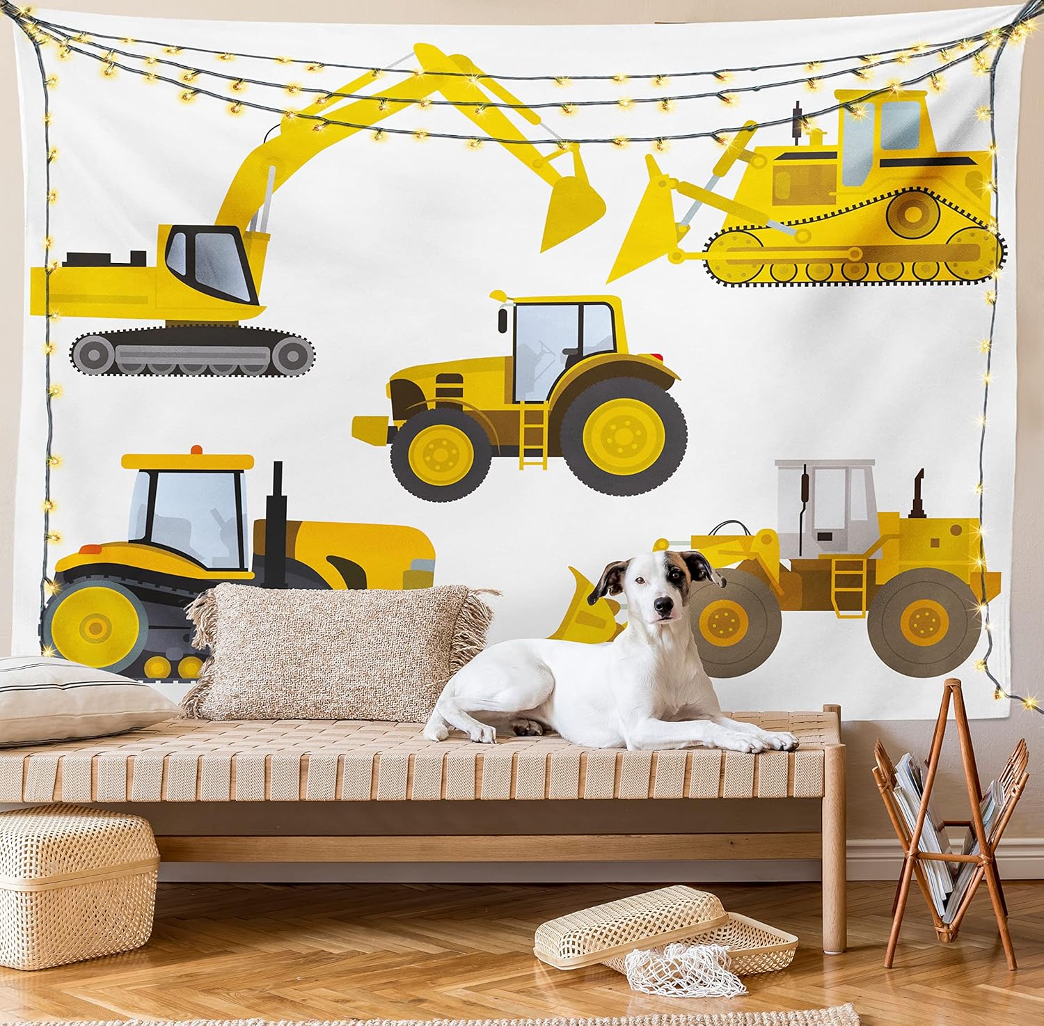 Tapestries - Lunarable Cartoon Tapestry, Animation Inspired Heavy Machinery Drawing Construction Bulldozer Print, Fabric Wall Hanging Decor for Bedroom Living Room Dorm, 28