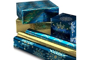 Hallmark Christmas Wrapping Paper Rolls, Metallic Foil Holiday Gift Wrap (Pack of 3: 60 sq. ft. ttl) Elegant Navy Blue and Gold for Christmas, Hanukkah, Weddings, Graduations