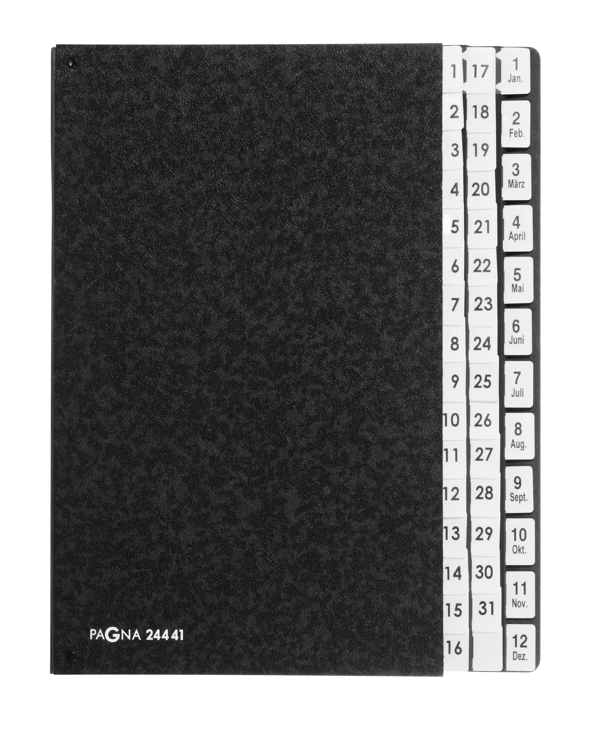 Pagna 24441-04 Desk File 44 Dividers Black Hard Card Flexible Spine Black 3 Holes Tabs 1–2 + 1–12 / Jan–Dec