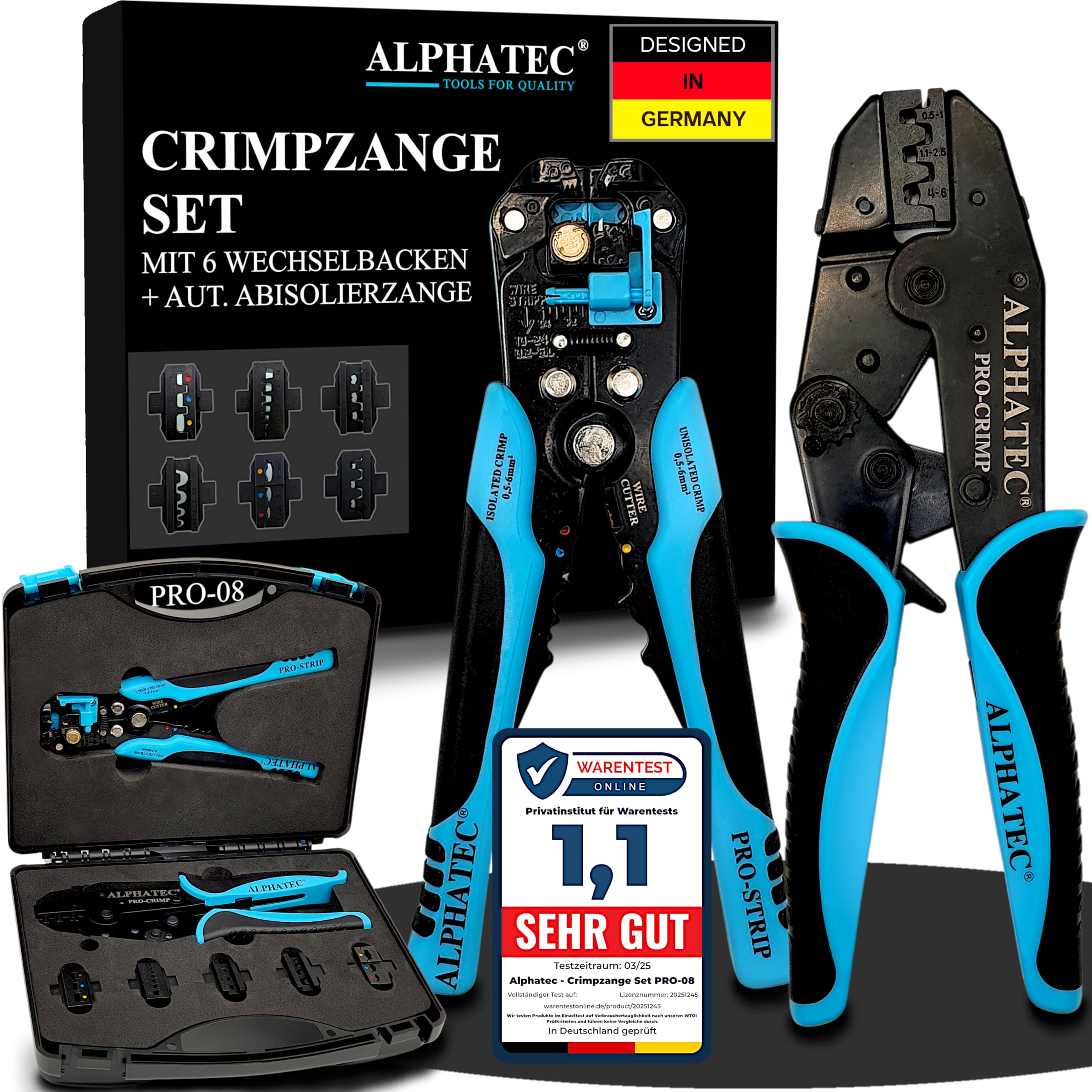 ALPHATEC® Crimpzange Set mit Wechselbacken inkl. automatische Abisolierzange - [0,25-10mm²] - Crimpzange Kabelschuhe, Aderendhülsenzange, Flachstecker, MC4 Zange PV Solar - Krimpzangenset 8-teilig