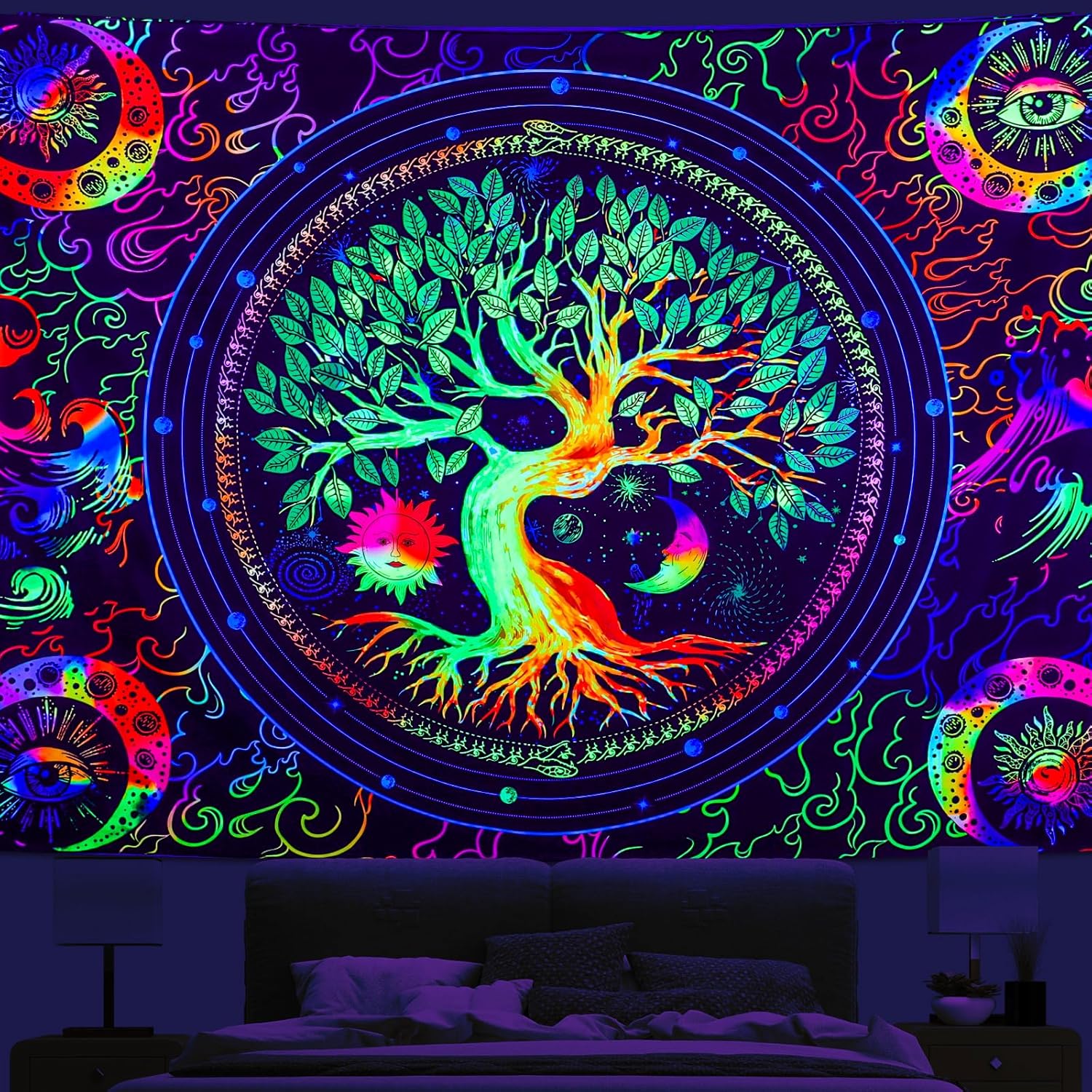 Tapestries - Blacklight Tapestry Tree Of Life Tapestry for Bedroom Aesthetic UV Reactive Colorful Sun And Moon Eyes Galaxy Tapestry Glow In The Dark Fantasy Wall Hanging for Room Home Decor Posters (78.7