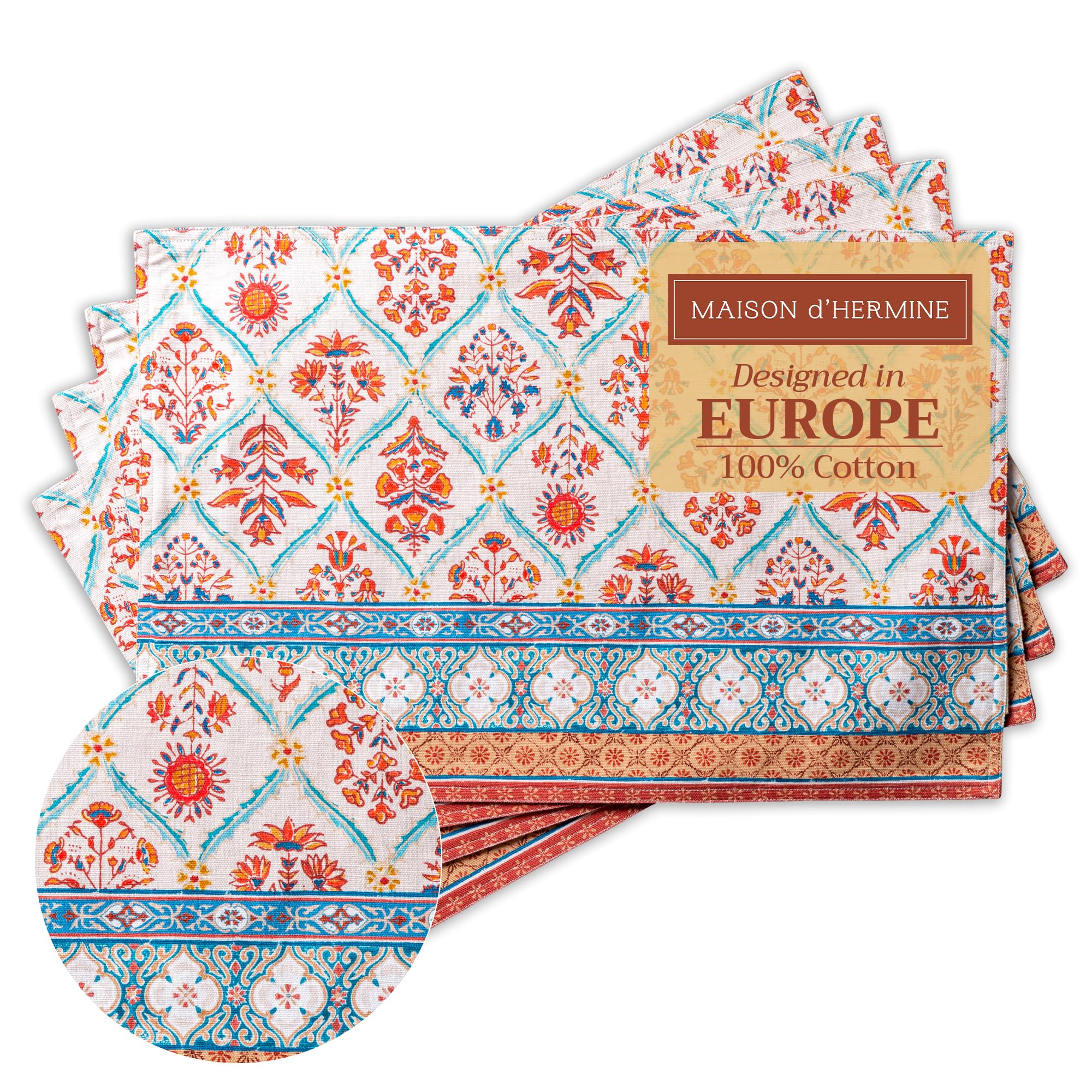 Maison d' Hermine Placemats Set of 4 100% Cotton Washable Cloth Place Mats, Reusable Table Mats for Christmas Decorations Kitchen Dining Party Wedding Restaurant (Romane, 33 CM x 48 CM)