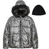 LONDON FOG Girls' Heavyweight Puffer Jacket with Faux Fur Hood and Matching Beanie