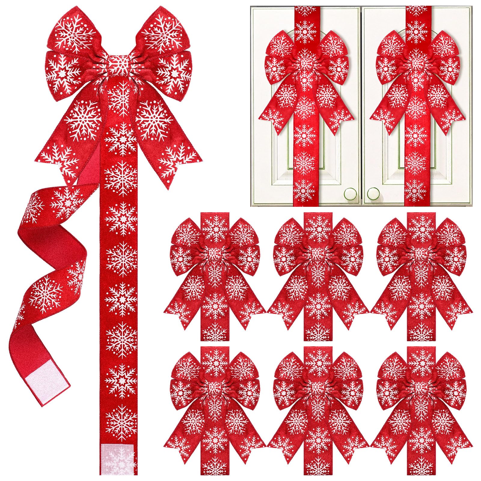 Photo 1 of Knitgrip 6 Pcs Christmas Cabinet Bows Velvet Door Ribbon Large Winter Festive Ribbons and Bows Snowflake Pattern Christmas Decorations for Cabinets Furniture Kitchen Party Supplies,79 Inch(Red)