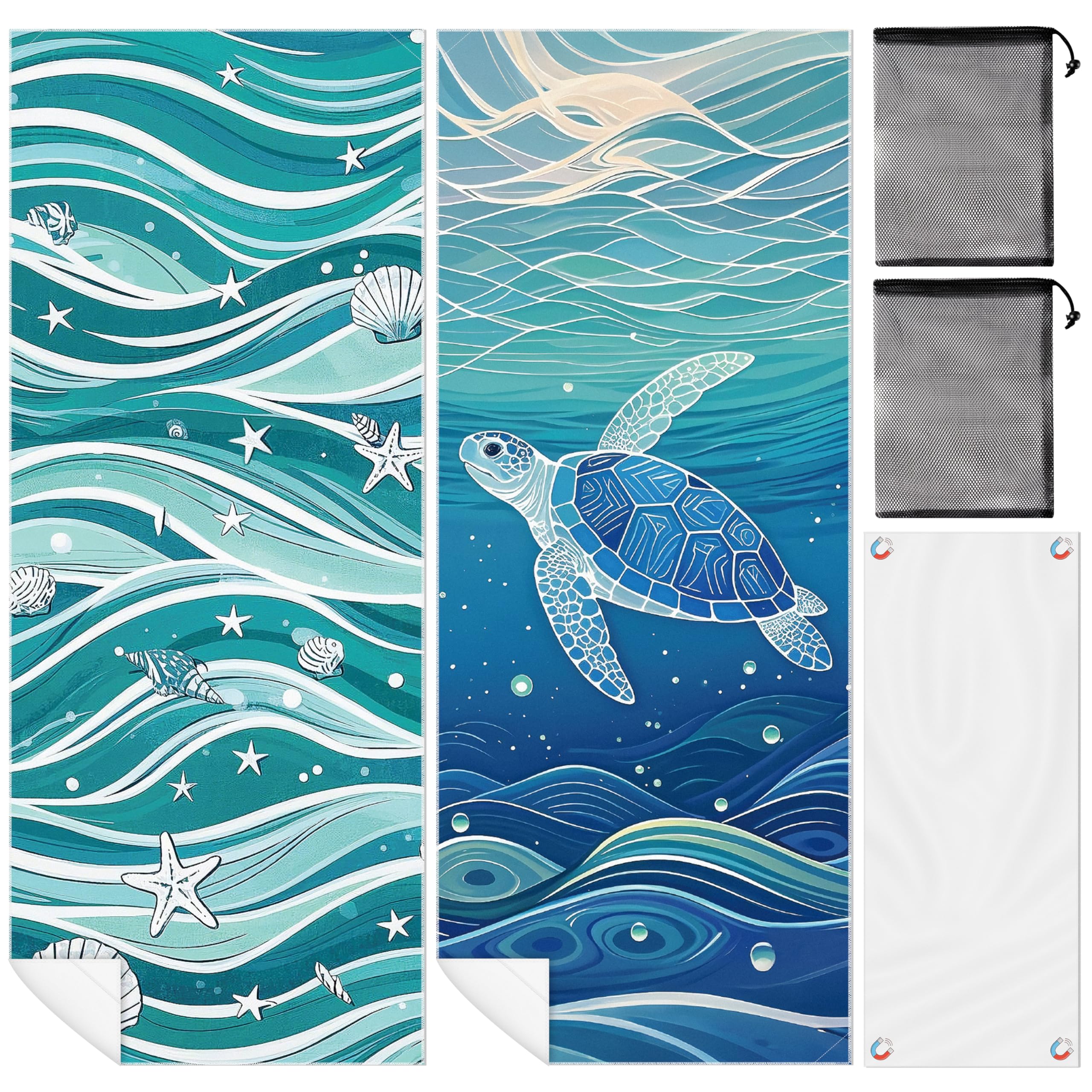 Photo 1 of ARefugen 2 Pack Magnetic Beach Towel- 75"x30" Sea Turtle Wave Sand Free Quick Dry Microfiber Towel with Built-in Magnets Lightweight for Beach Chair Car Door Pool Travel Camping Yoga with Storage Bag