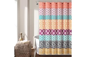 Lush Decor Bohemian Stripe Shower Curtain, 72" W x 72" L, Fuchsia & Orange - Bathroom Curtain - Striped Shower Curtain - Boho Decor - Fabric Shower Curtains