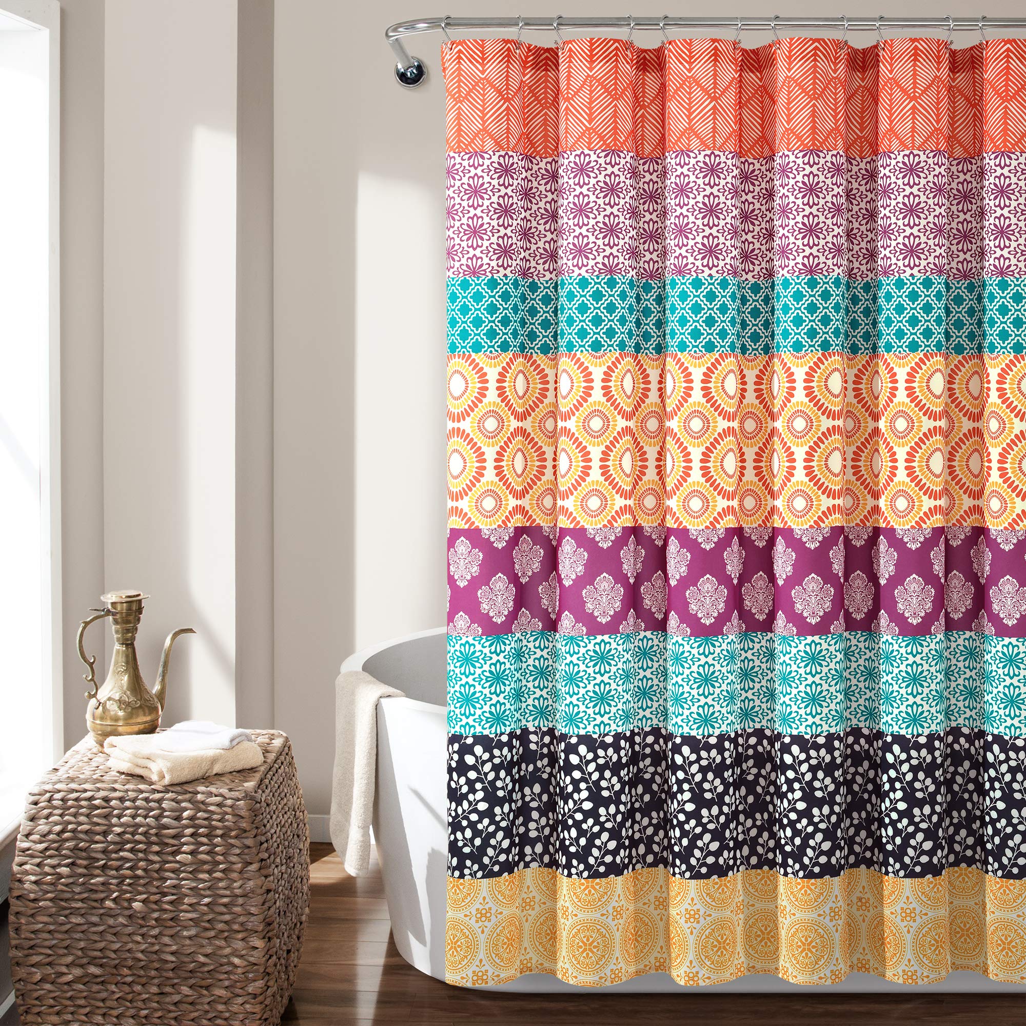 Lush Decor Bohemian Stripe Shower Curtain, 72" W x 72" L, Fuchsia & Orange - Bathroom Curtain - Striped Shower Curtain - Boho Decor - Fabric Shower Curtains