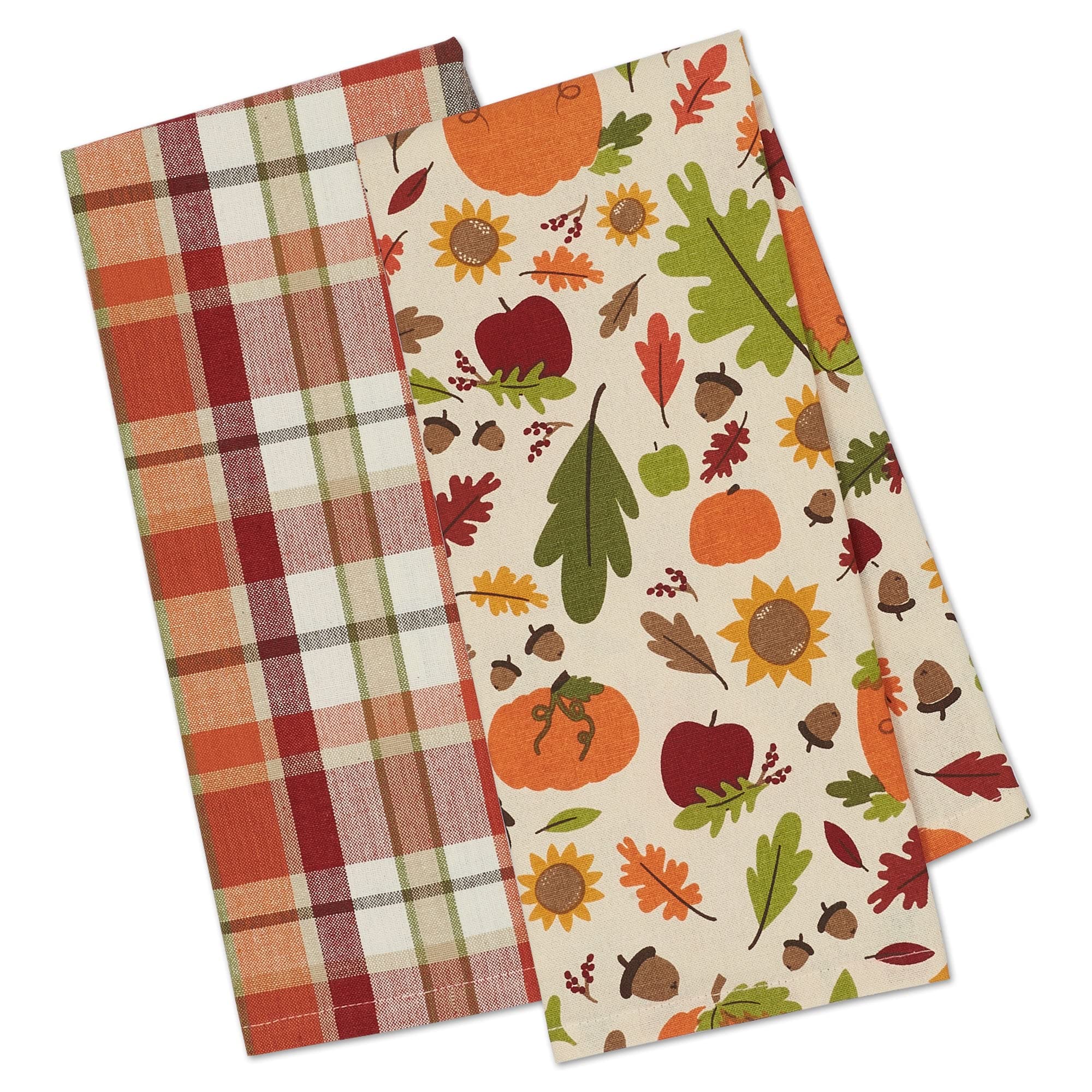 DII Printed & Plaid Fall Dish Towel Set, Cotton, Pumpkin Spice, 18x28