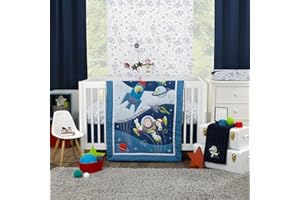 NOJO Disney Toy Story Outta This World Blue and Gray Buzz Lightyear 4 Piece Nursery Crib Bedding Set - Comforter, Fitted Crib Sheet, Changing Pad Cover, and Crib Skirt