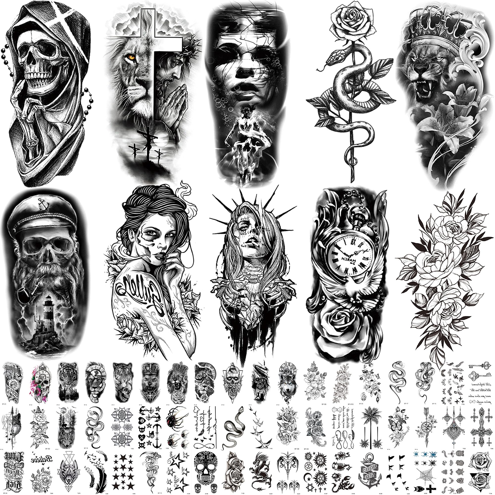 Temporary Tattoos Stickers for Men or Women, Large Fake Tattoo That Look Real and Small Black Designs, Temp Tatt Arm Sleeves for Adults, Wolf Lion Tiger Skull Flower Patterns