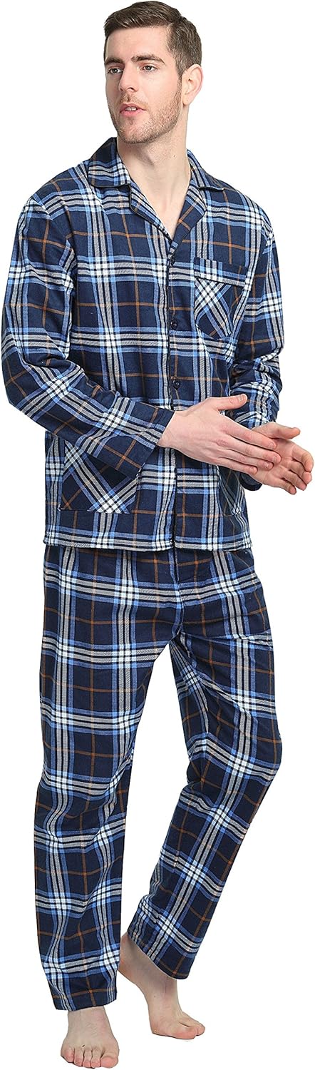 GLOBAL Mens Flannel Pajamas, 2-Piece Warm Pj Set at  Men’s Clothing store