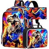 KLFVB 3PCS Boys Bookbag Set, 17" Dinosaur Bookbag and Lunch Box, Water Resistant Teenagers School Backpacks for Middle Elementary - Flame T-Rex