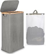 iEGrow Slim 60L Laundry Basket with Lid Bamboo Handles Grey