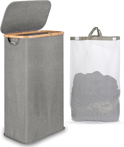 iEGrow Slim 60L Laundry Basket with Lid Bamboo Handles Grey