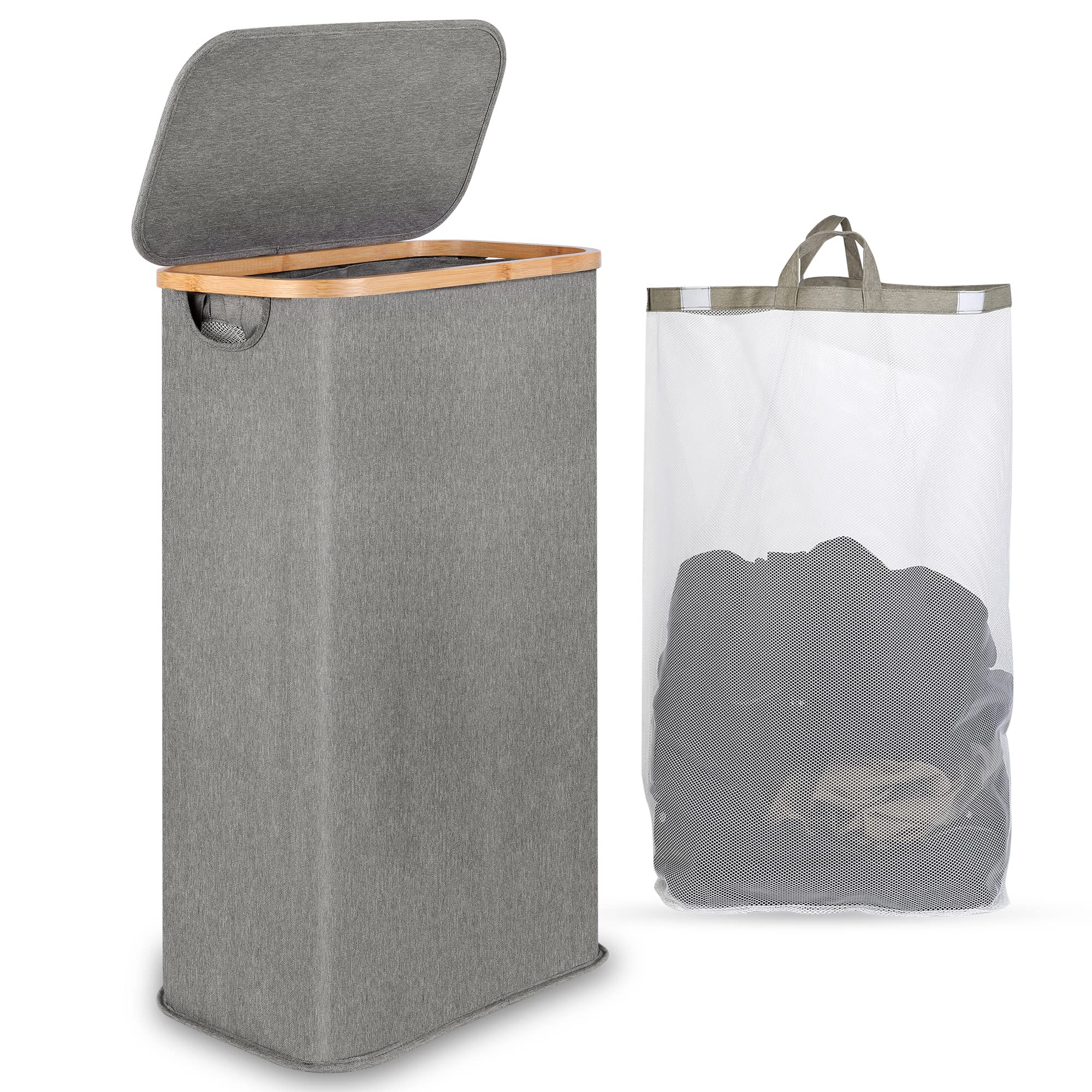 iEGrow Slim Laundry Basket with Lid 60L, Washing Basket with Bamboo Handle and Lid, Foldable Laundry Baskets for Drity Cloth Toys Towels Storage with Removable and Washable Inner Bag (Grey) — image 1