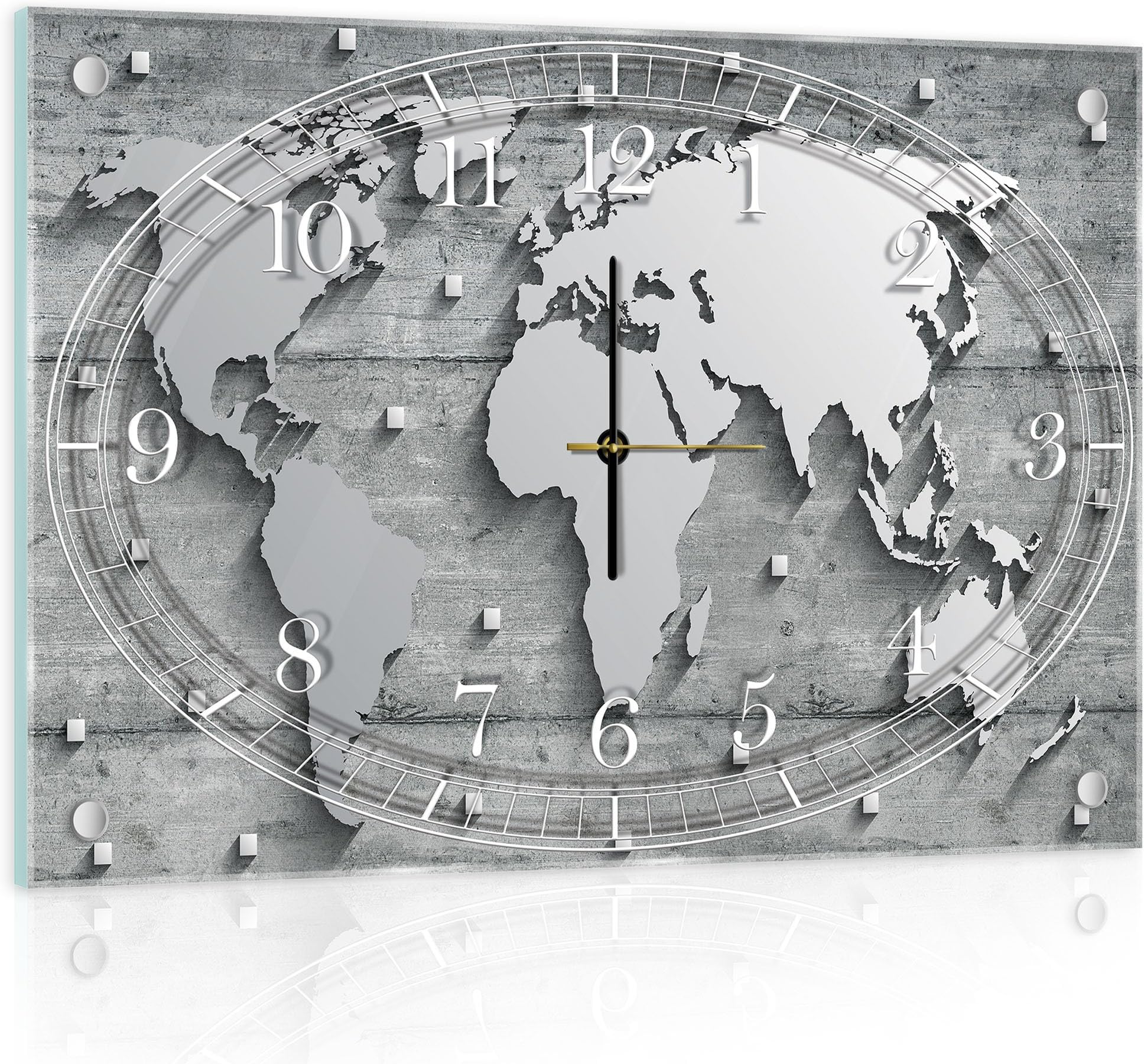 Delester Design Wall Clock - World Map on Metal Base, Glass, 60 x 40 x 4 cm, Multi-Coloured