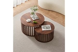 XUZENEST Fluted Nesting Coffee Table Set of 2, Modern Round Coffee Table Wood Grain Top with Strip Frame, Circular Side End Table with Storage for Living Room Bedroom Office(Walnut)