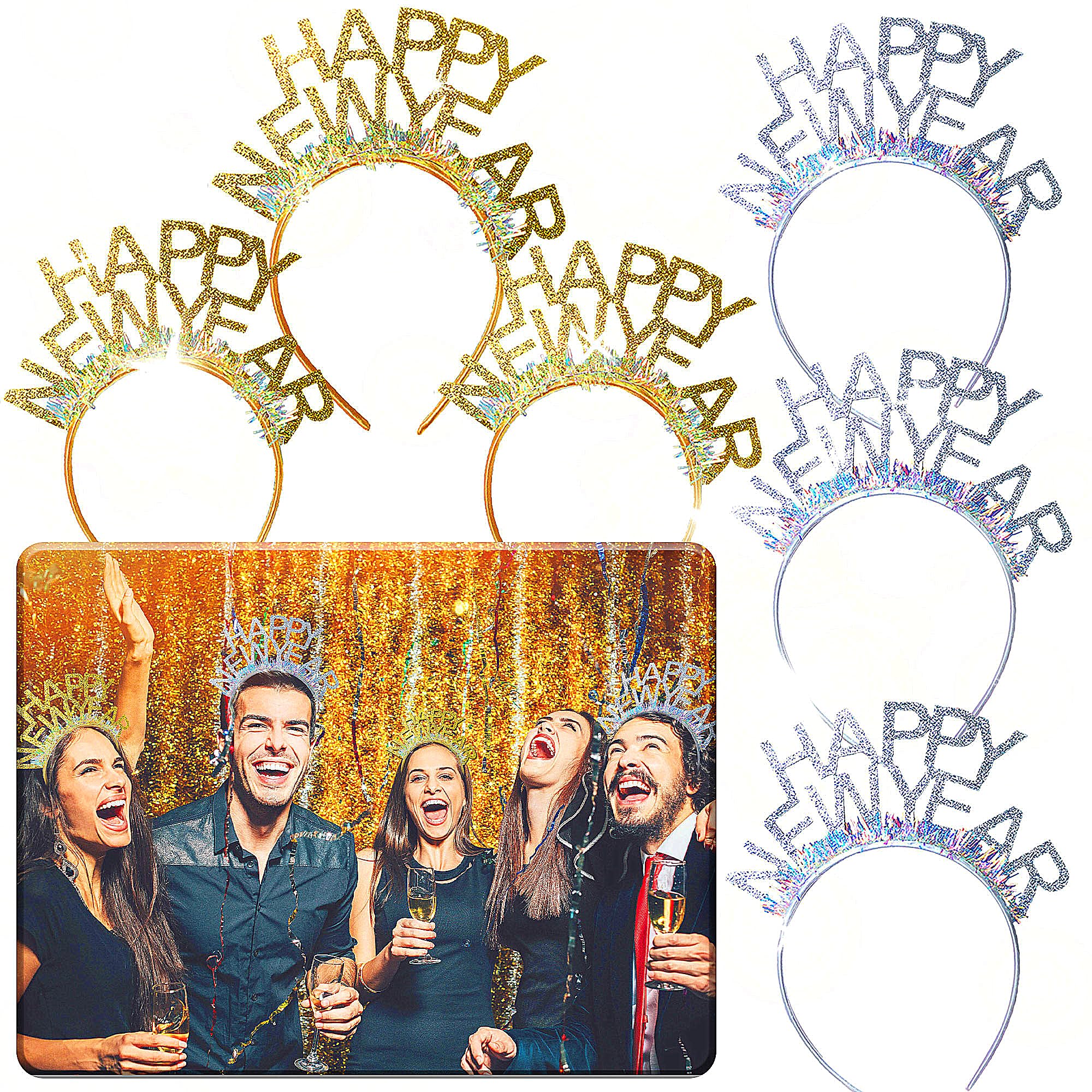 JeVenis 6 PCS 2026 Photo Booth Props Happy New Year Hat Happy New Year Headband Eve Party Hat Eve Party Supplies Photo Booth Prop