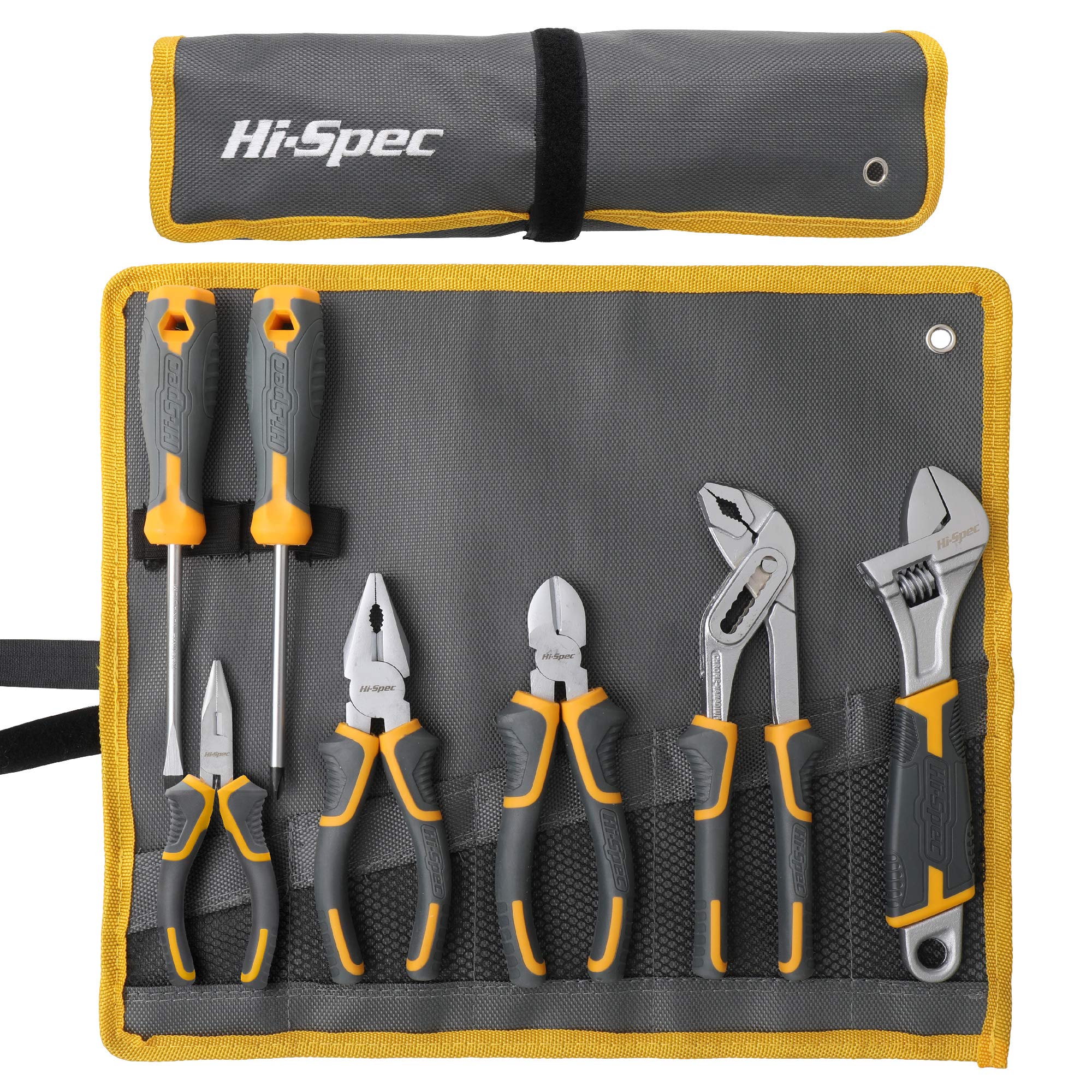 Hi-Spec 7pc Pliers Set Home DIY & Plumbing Hand Pliers Tool Set for Household Repair & Maintenance. Roll-Up Tool Bag with Combination Plier, Adjustable Wrench, & Screwdrivers