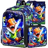 TXHVO 16" Dinosaur Soccer Backpack Set for Boys 4-8, 3Pcs Preschool Bookbag with Football Lunch Box & Pencil Case, Lightweight School Bag (Blue)
