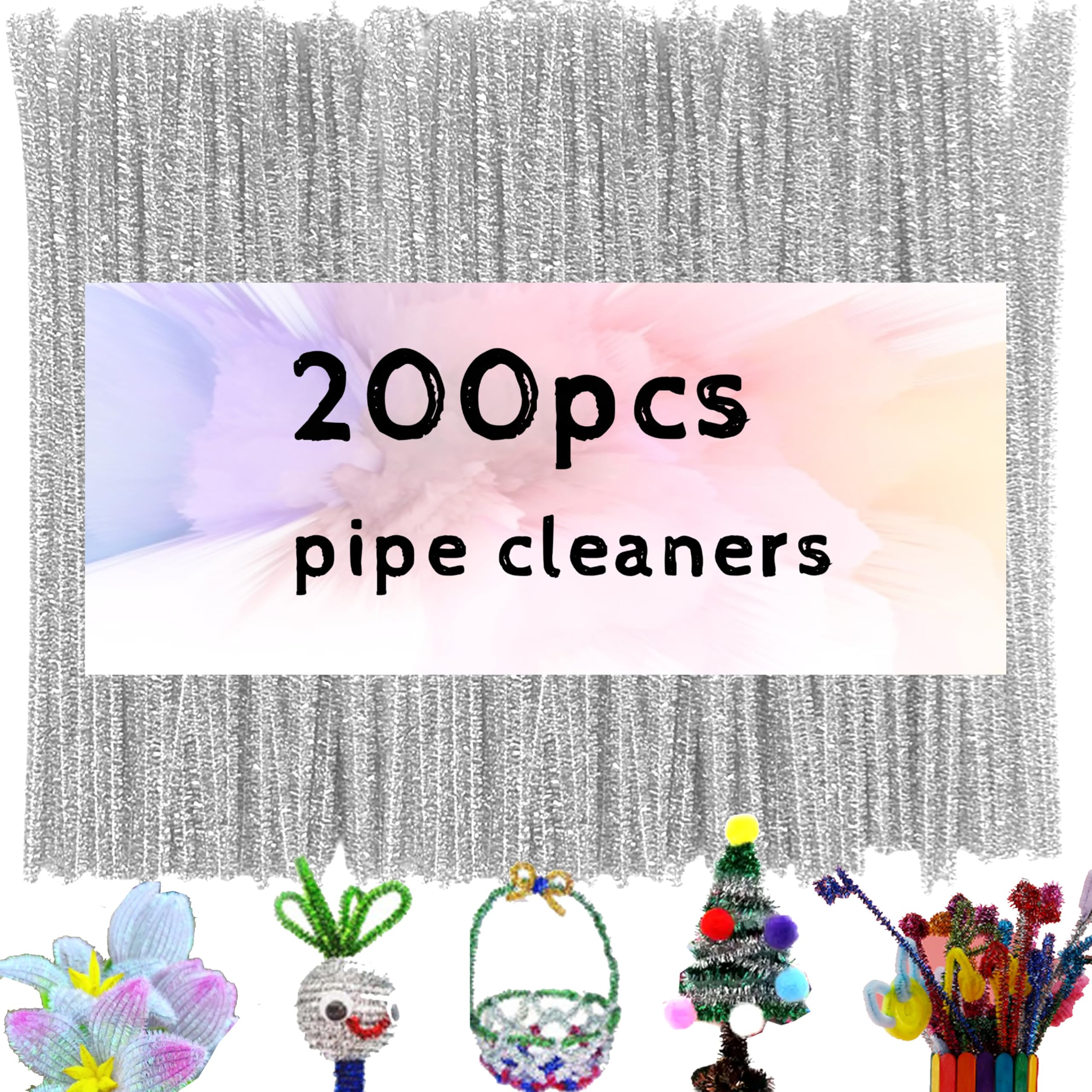 Photo 1 of 200pcs  Cleaners, Glitter Silver Pipe Cleaners Craft Supplies,Thick Chenille Stems Fuzzy Wire Sticks Holiday Decorations and School Supplies