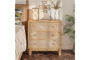 COZAYH 3-Drawer Farmhouse Dresser with Handicraft Wood Ring Motif, Fully Assembled Nightstand Wooden Finish for Boho, Mid-Century, Natural Wood, Rustic Style