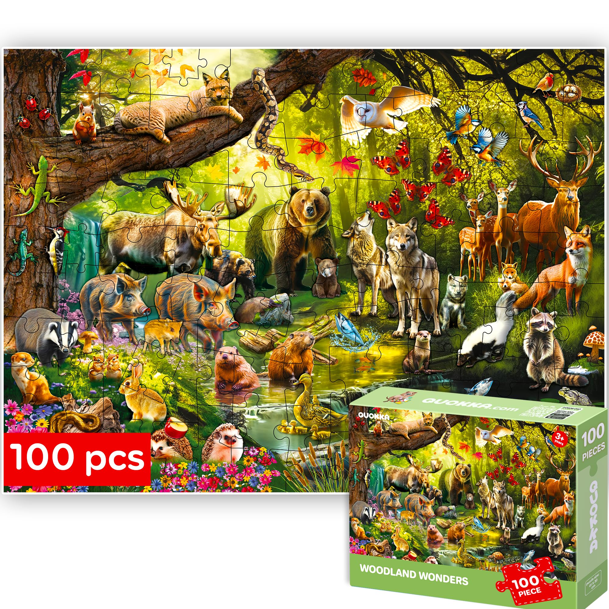 QUOKKA 100 Piece Jigsaw Puzzles For Children - Kids Puzzles For 3 4 Year Olds - Realistic Jigsaws for Children Age 5 6 - Toy for Learning Forest Animals - Boys and Girls Game Gift 7 8