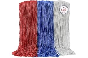 EOBOH 100PCS 4th of July Accessories, Veterans Day Beads Necklace Bulk, Fourth of July Red Blue Silver Necklace Party Favors, Beads for Veterans Day Patriotic Parade Party Celebration Favors Decorations