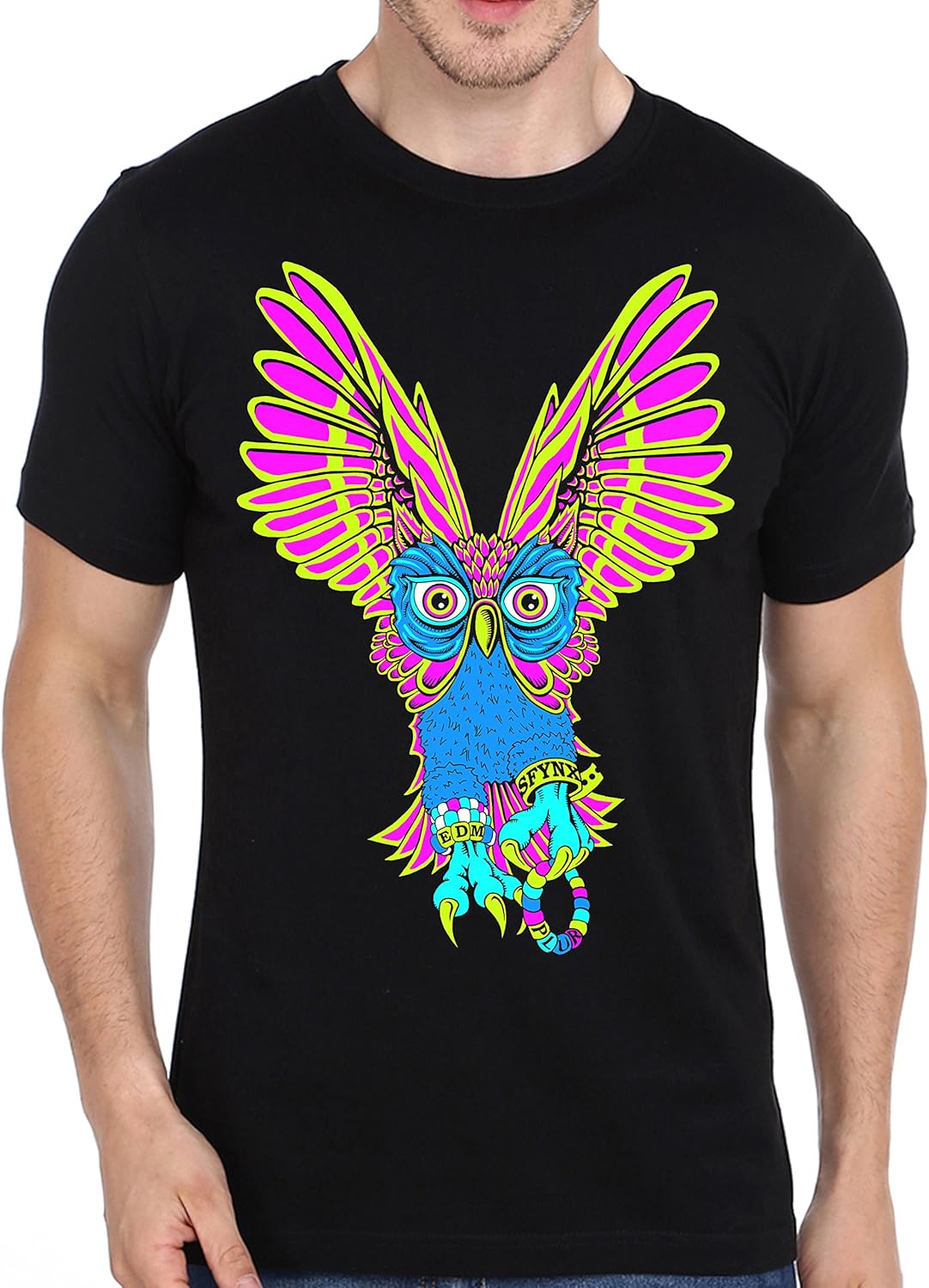 SFYNX Plur OwlTShirt für Herren leuchtet im Dunkeln EDM Clothing Schwarzlicht Reactive