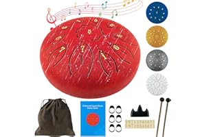 Oun Nana Garden Rain Drum 6 Inches 11 Notes Steel Tongue Drum for Adults Kids, Rain Music Maker Outside with Drumsticks, Holder, Finger Paddle, Music Book and Travel Bag Yoga Chakra Gifts, Red