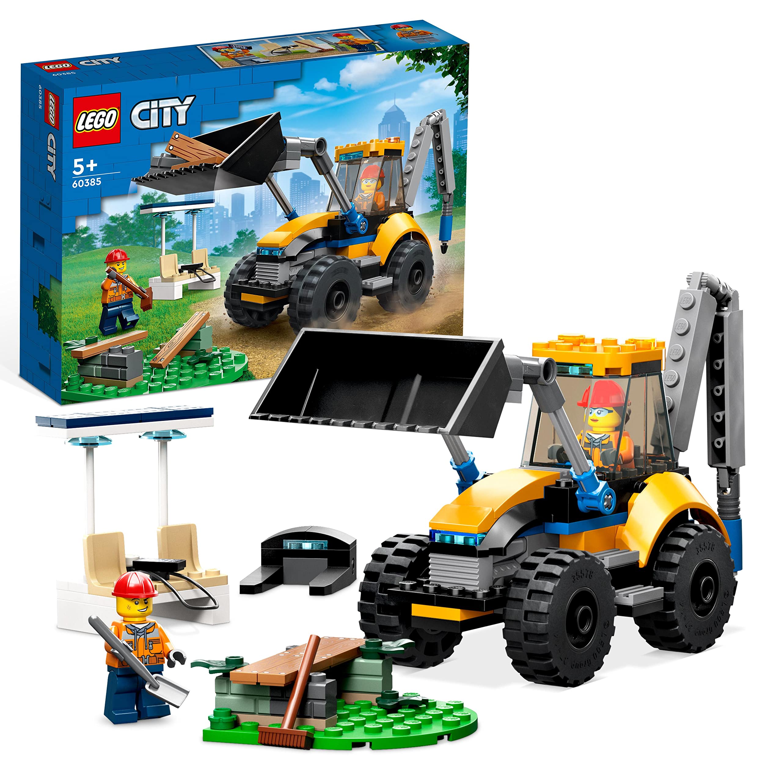 LEGO 60385 City Construction Digger, Excavator Toy for Boys and Girls Aged 5 Plus Years Old, Vehicle Building Set, Birthday Gift Idea with Minifigures