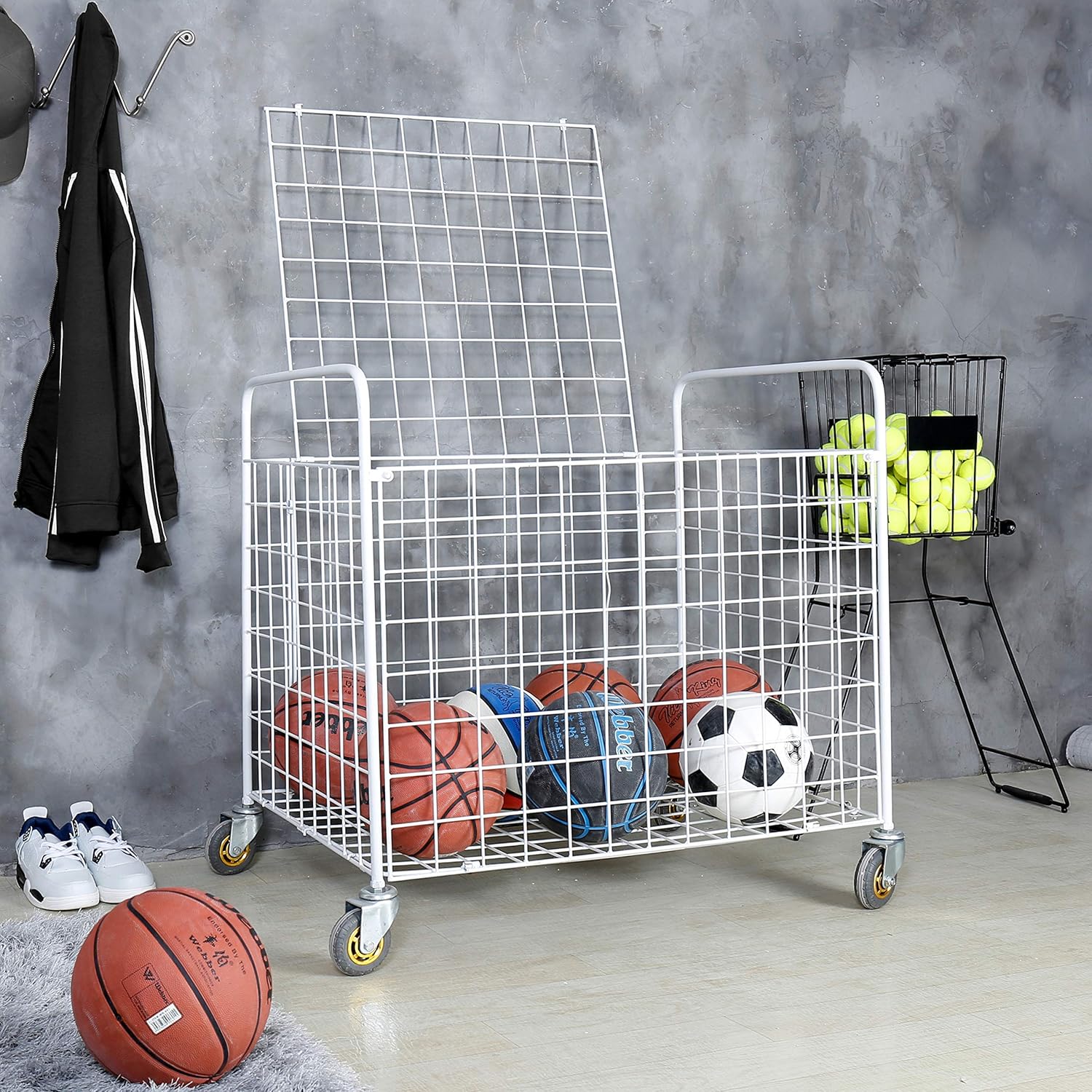MyGift Metal Rolling Multi Sports Ball Storage Hopper & Basketball