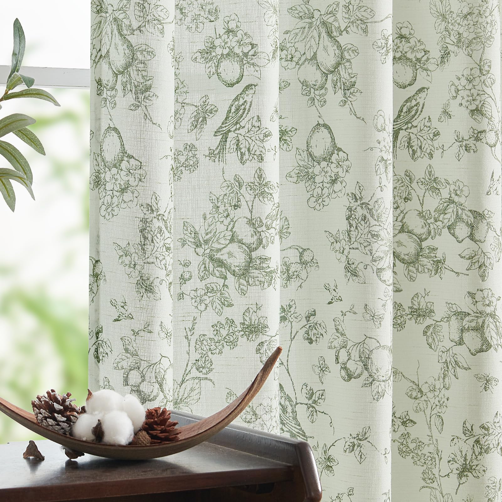 jinchan Linen Floral Curtains for Living Room 84 Inch Long Sage Green