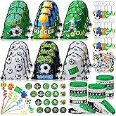 Sadnyy 140 Pcs Soccer Party Favors Football Birthday Party Decorations Supplies Drawstring Bags with Silicone Bracelets Keychains Straws Button Pins Stickers for Goodie Bags Stuffers