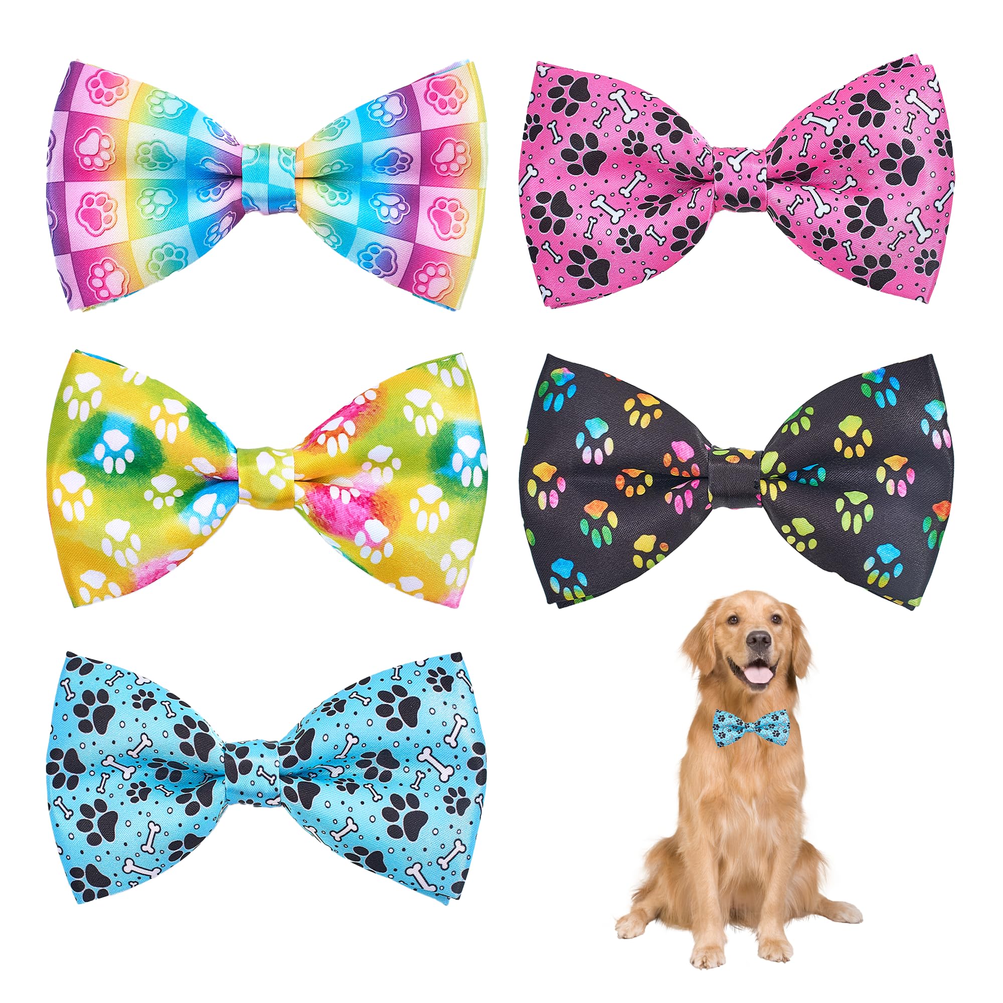 JpGdn 5pcs Paw Pattern Large Dog Bow Ties for Medium Big Detachable Dogs Bowties with Elastic Bands Attach to Collar Pet Grooming Collar Attachment Accessories