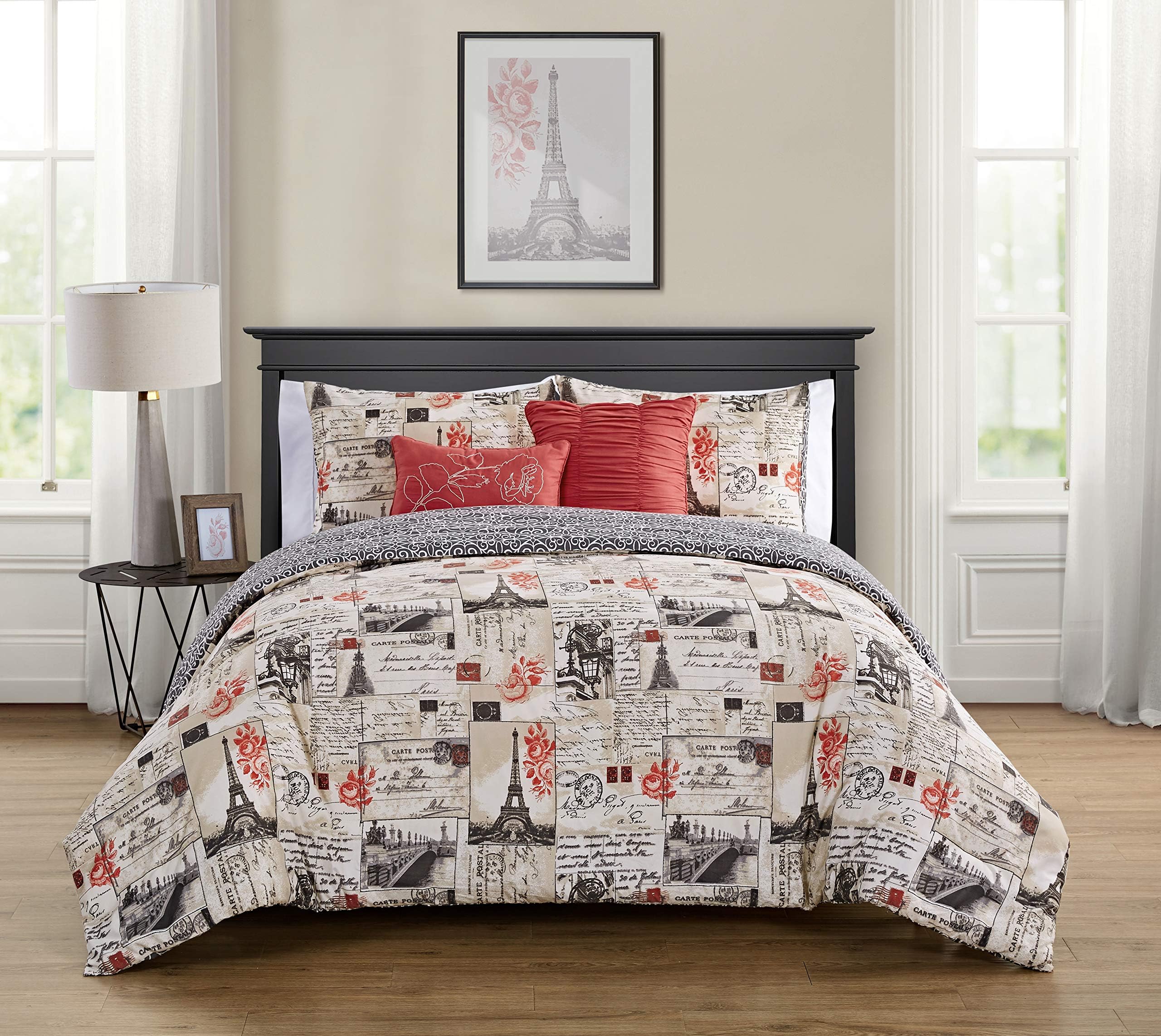 VCNY Home Jolie Paris Reversible 5 Piece Bedding Comforter Set, Full/Queen, Red