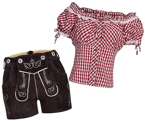 Damen Set Trachten Lederhose Shorts neue Länge dunkelbraun + Träger+ Trachtenbluse Carmenbluse