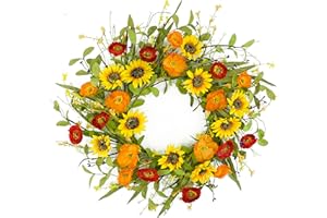 Furisin Spring Wreath 20 Inch Front Door Summer Decoration With Yellow Sunflower, Colorful Poppy - Artificial Flower for Home, Porch, Farmhouse Indoor Outdoor