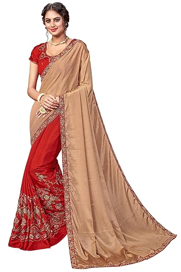 Womens Chinon Halfa nd Half Embroidery Work Saree with Blouse Piece (Light Brown and Red)