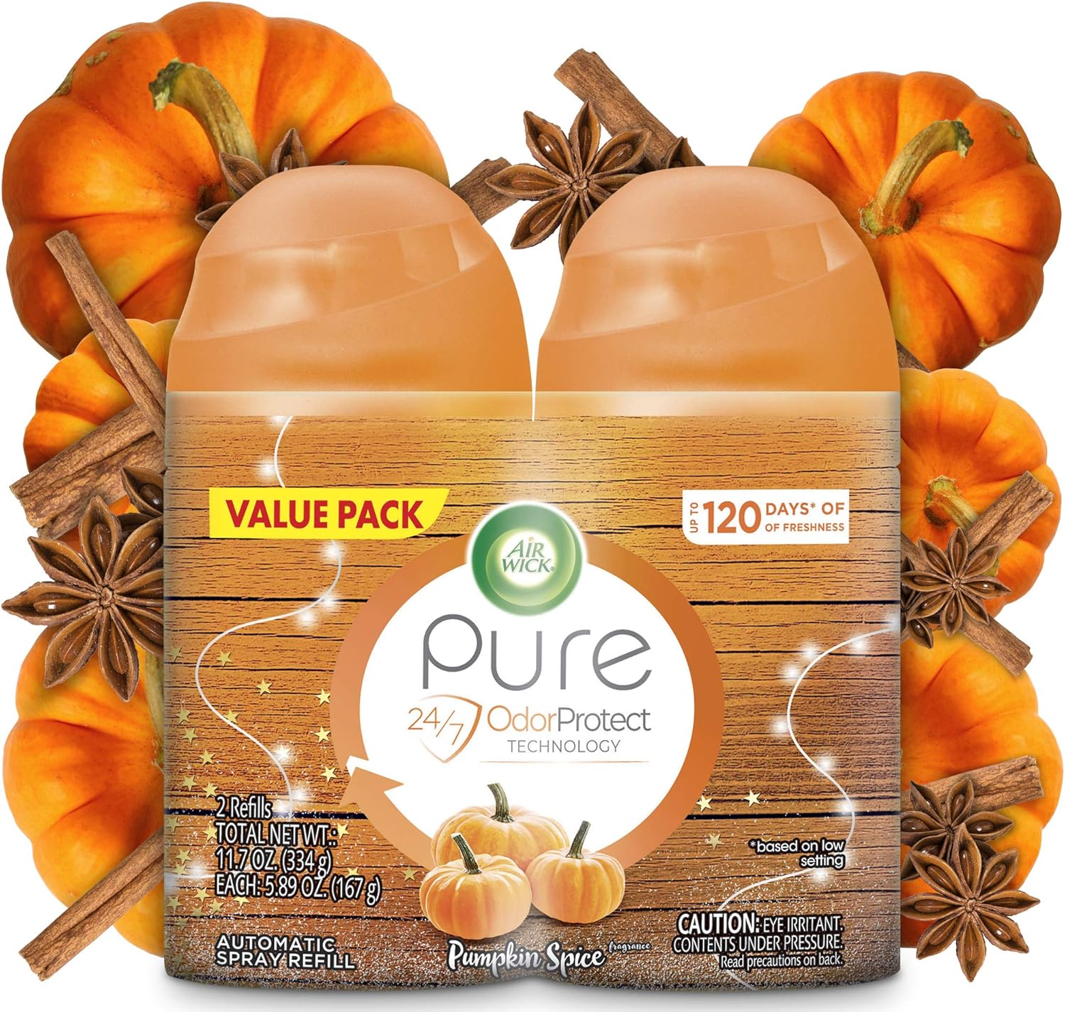 Air Wick Pure Freshmatic 2 Refills Automatic Spray, Pumpkin Spice, Fall Scent, Fall Spray, (2x5.89oz), Air Freshener, Essential Oils, Odor Neutralization
